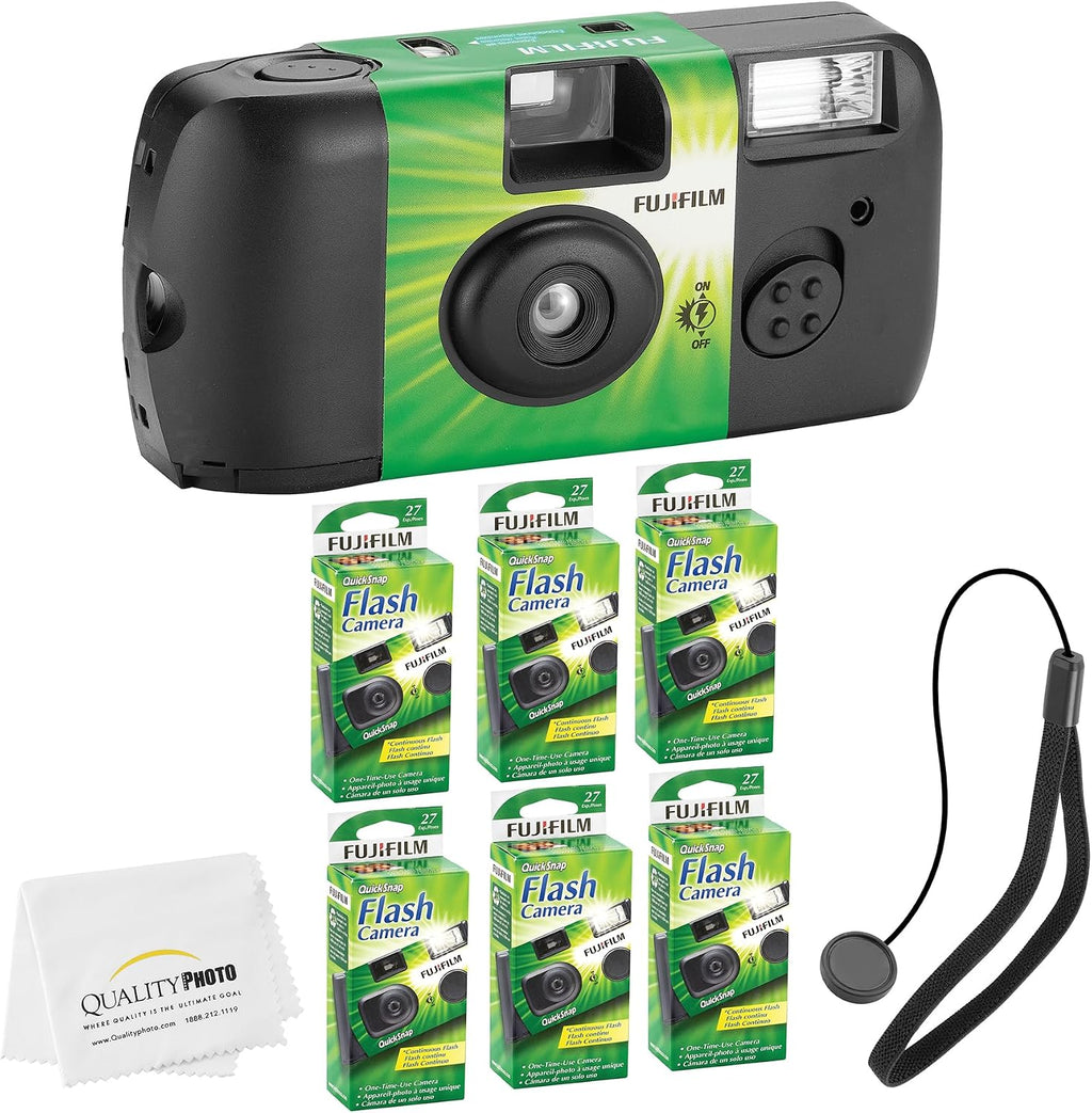 Fujifilm QuickSnap Flash 400 Disposable 35mm Camera + Hand Strap + Quality Photo Microfiber Cloth (6 Pack)