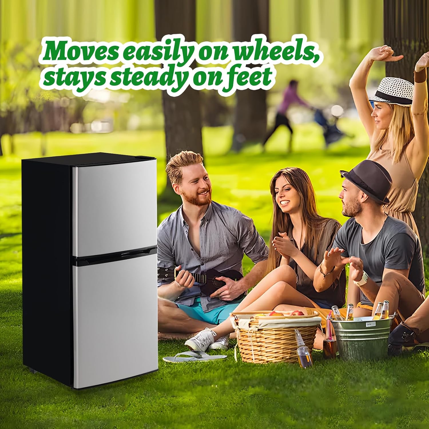 DEMULELR 3.9Cu.ft Refrigerator with Freezer Black Two Door Mini Fridge with Crisper Drawer & Extra Drink Space, LED Light, Full-Size Fridge for Dorm Office 17.5'D x 17'W x 40'H，Silver