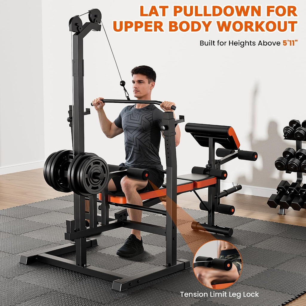 9-in-1 Adjustable Olympic Weight Bench with Lat Pulldown, Row, Squat Rack & Leg Curl – Multi-Function Strength Training Bench Press for Home Gym Full Body Workout