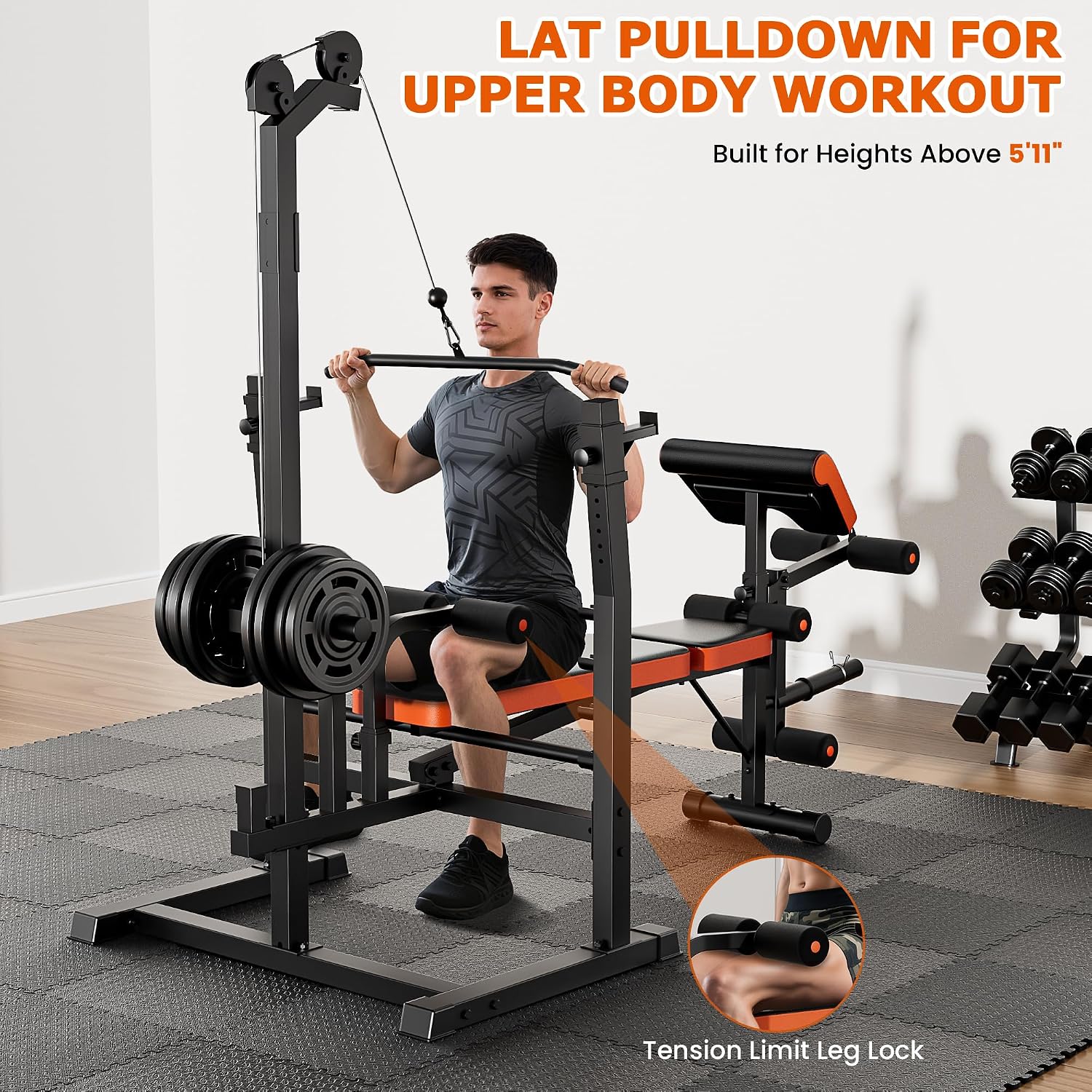 9-in-1 Adjustable Olympic Weight Bench with Lat Pulldown, Row, Squat Rack & Leg Curl – Multi-Function Strength Training Bench Press for Home Gym Full Body Workout