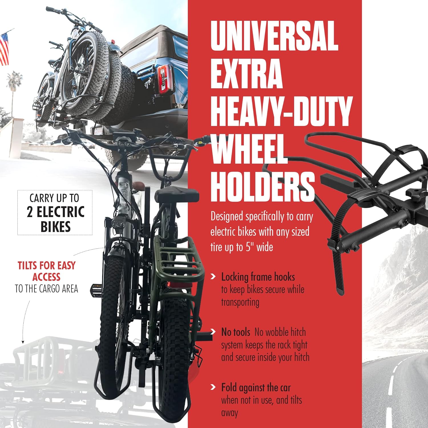 Hollywood Racks Sport Rider 2' Hitch Bike Rack, Carries 2 Bikes up to 80 lbs Each for Standard, Fat Tire and Electric Bicycles - Heavy Duty, Foldable Ebike Rack for Car, Truck, and SUV