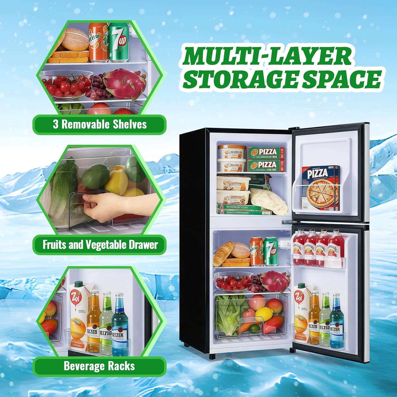 DEMULELR 3.9Cu.ft Refrigerator with Freezer Black Two Door Mini Fridge with Crisper Drawer & Extra Drink Space, LED Light, Full-Size Fridge for Dorm Office 17.5'D x 17'W x 40'H，Silver