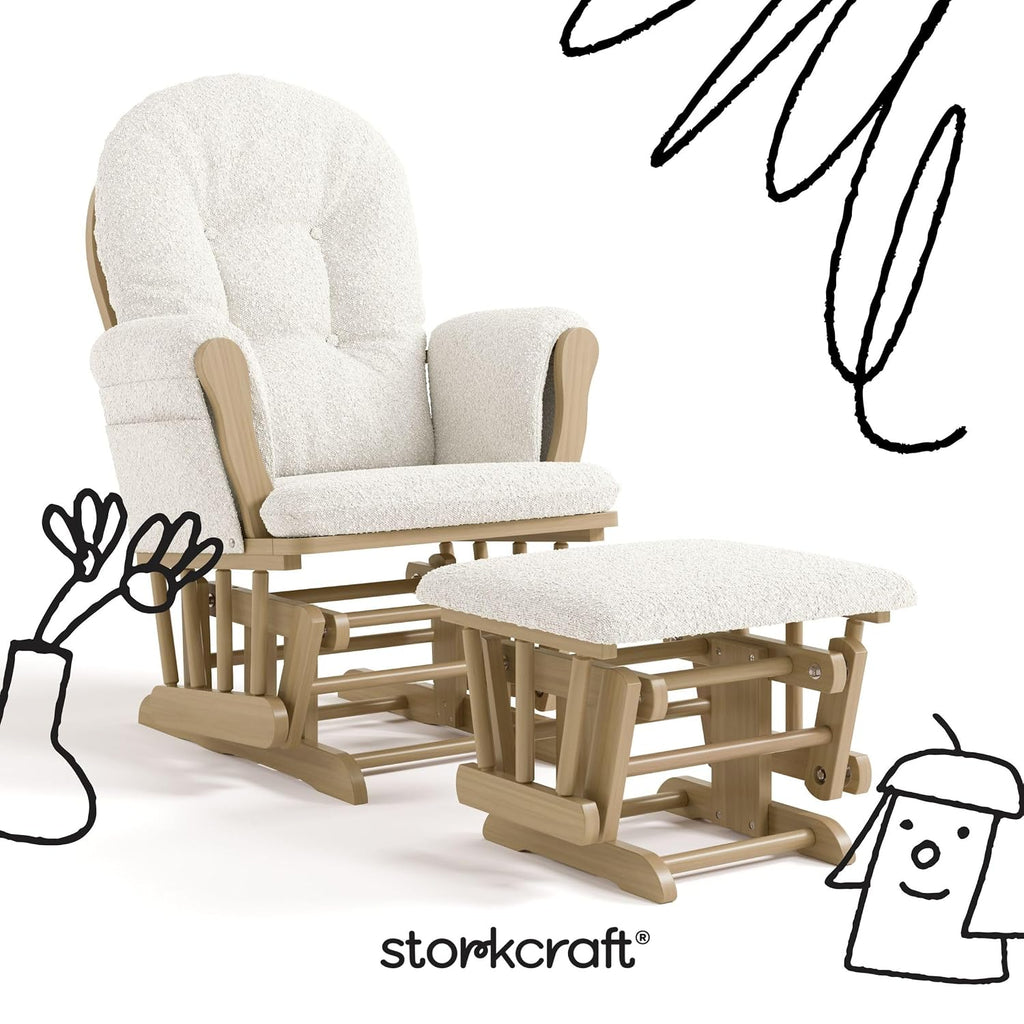 Storkcraft Premium Hoop Glider & Ottoman - GREENGUARD Gold Certified, Solid Wood Craftsmanship, Convenient Storage Pockets, Nursery Rocking Chair, Multi-Award-Winning (Driftwood and Ivory Boucle)