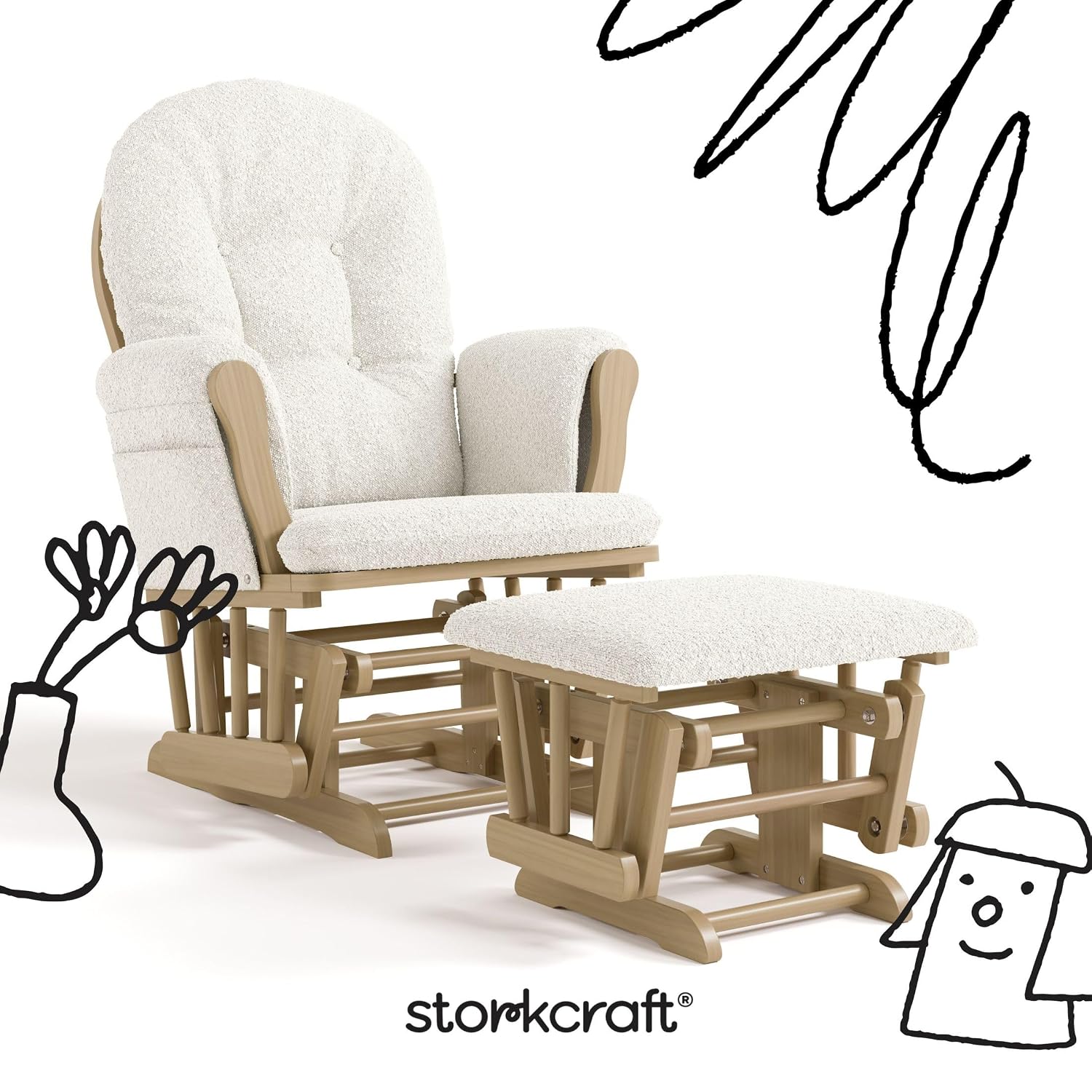 Storkcraft Premium Hoop Glider & Ottoman - GREENGUARD Gold Certified, Solid Wood Craftsmanship, Convenient Storage Pockets, Nursery Rocking Chair, Multi-Award-Winning (Driftwood and Ivory Boucle)
