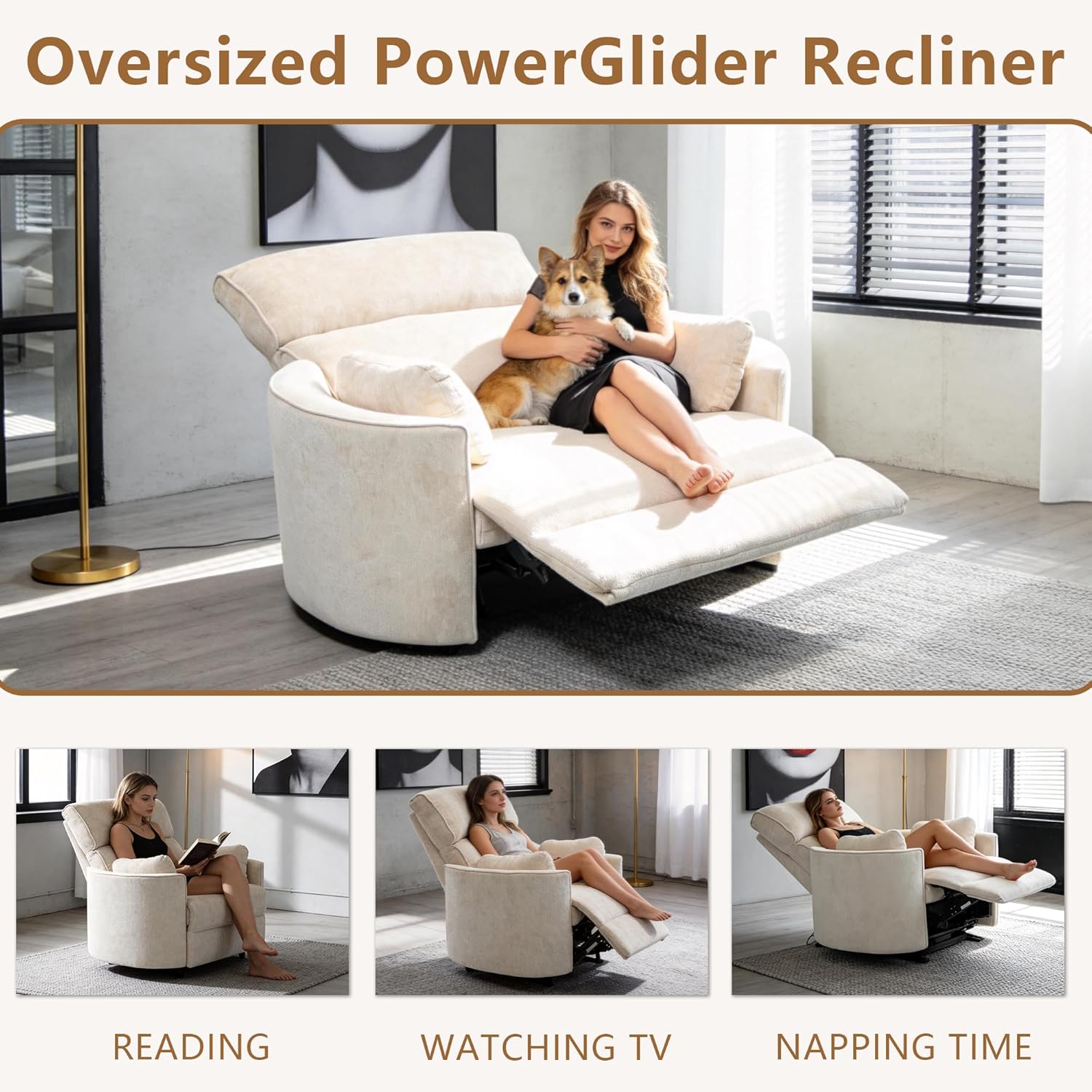 450lbs Oversized Power Recliner Chair for Big and Tall Adults, 52' Extra Wide Electric Recliner with USB & Type-C Ports, Chenille Fabric Single Sofa Chair for Living Room & Bedroom, Beige