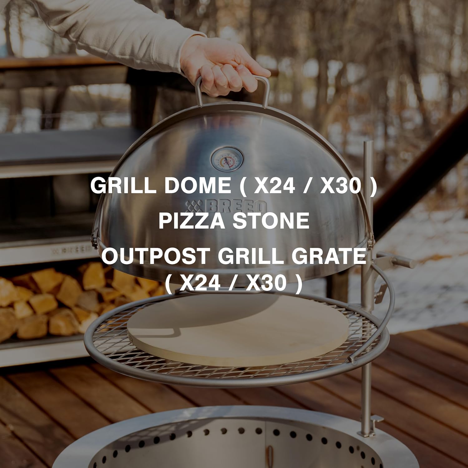 Breeo Grill Dome and Outpost Grill Bundle – Hinged Stainless Steel Dome w/Built-in Thermometer, Griddle Accessories Kit, Outdoor Set for Live-Fire Cooking – Fits X/24, X/30 Series