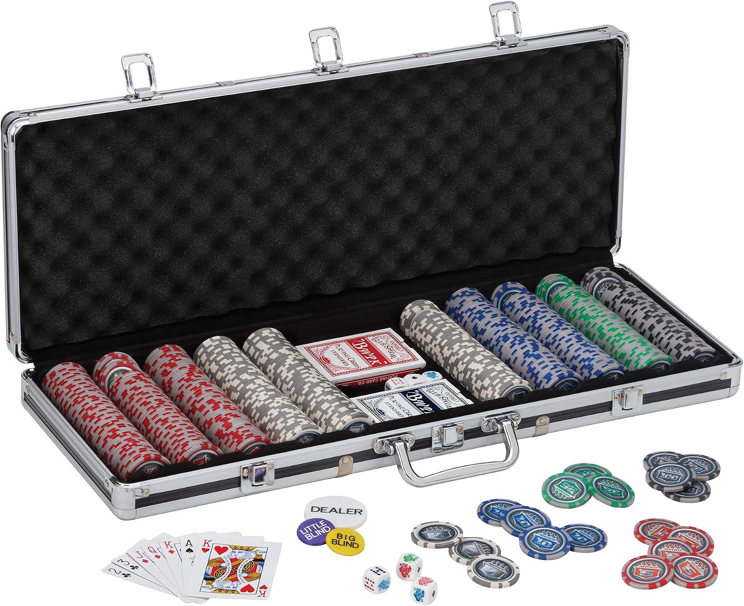 Fat Cat Bling 13.5 Gram Texas Hold 'em Clay Poker Chip Set with Aluminum Case, 500 Striped Dice Chips & Bicycle Standard Playing Cards, Poker Size, 12 Pack