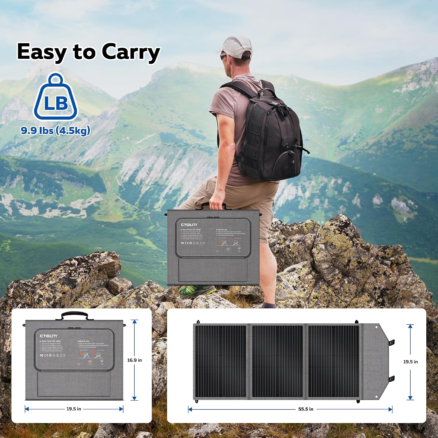 100W Portable Solar Panel, High Efficiency 23%, Foldable Solar Panel Charger with Adjustable Kickstand, IP65 Waterproof USB-A/Type-C/XT60/MC4 Outputs for Solar Generators Camping RV Marine