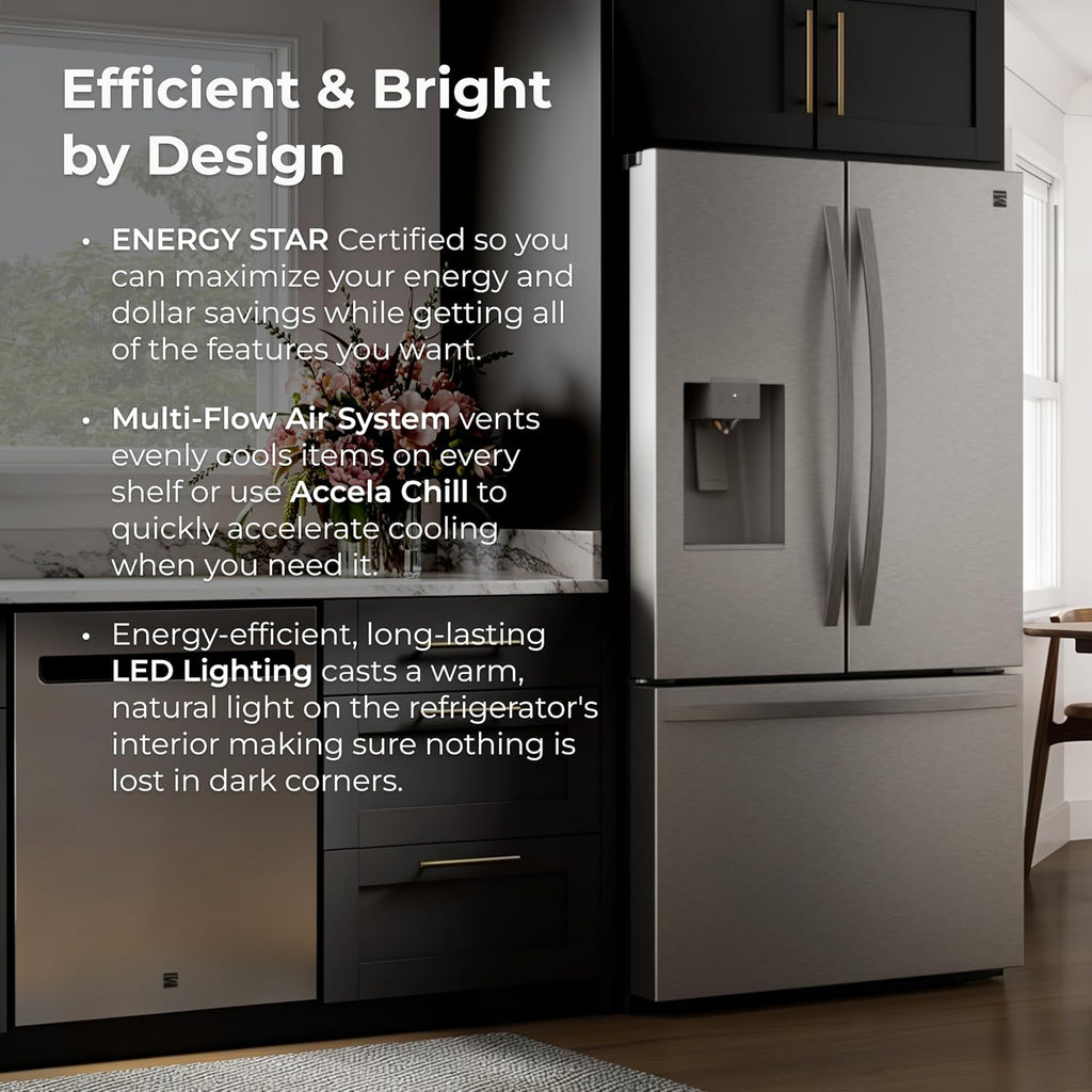 Kenmore 36' French Door Refrigerator with Freezer - Accela Chill, Adjustable Shelving, Dual Evaporator, ENERGY STAR Certified, 28.6 cu. ft. Capacity - Fingerprint Resistant Stainless Steel