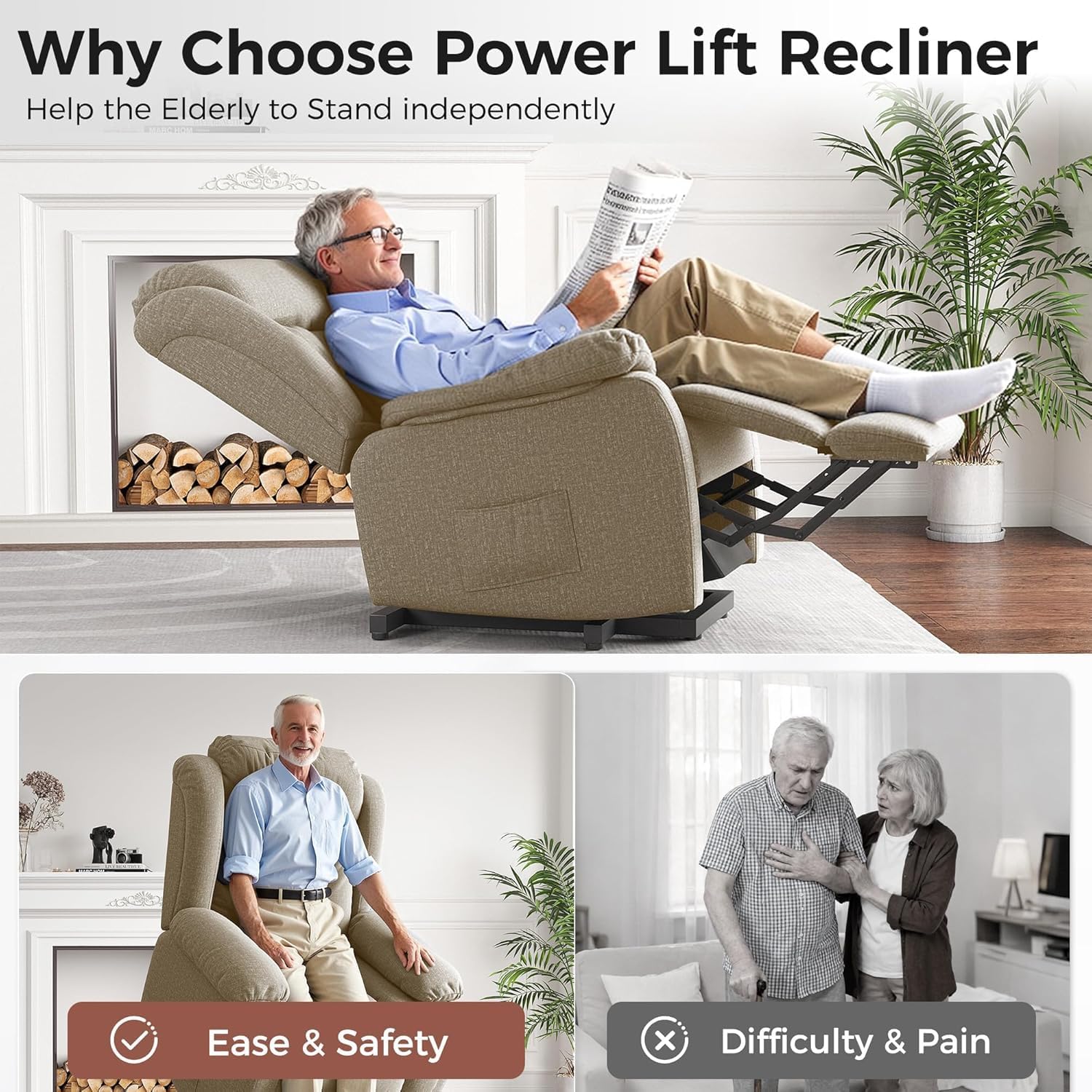 Amopatio Lift Recliner Chair for Elderly Upgraded Reclining Chairs Indoor Lounge Chairs Single Sofa with Side Pockets and Remote Control for Living Room Bedroom（Brown）