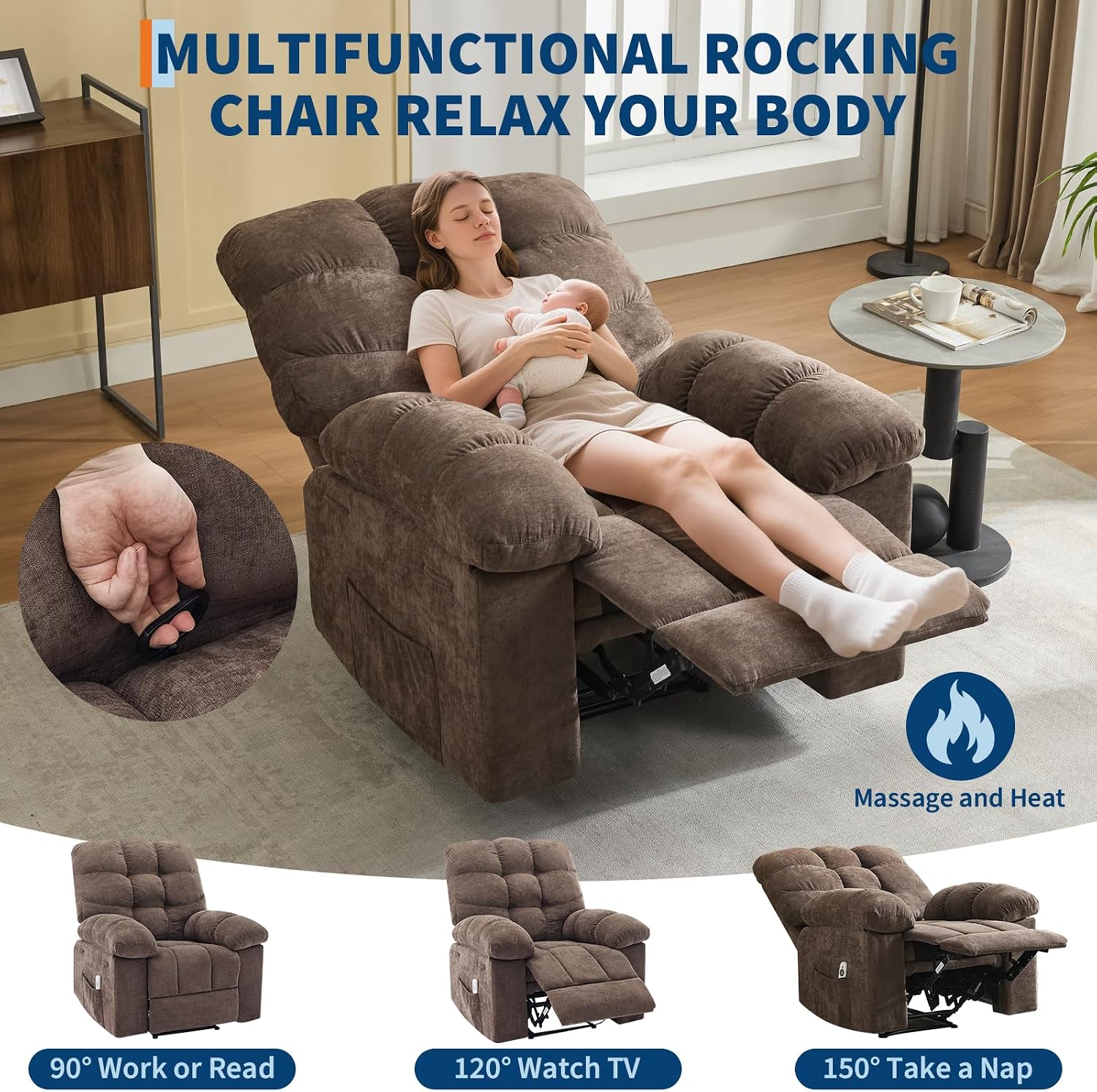 Garvee 21.4in Wide Recliner Chair,Massage & Heat Recliner Chair for Adults,Home Theater Seating with Lumbar Support,Ergonomic Breathable Fabric Nursery Rocking Chairs for Living Room