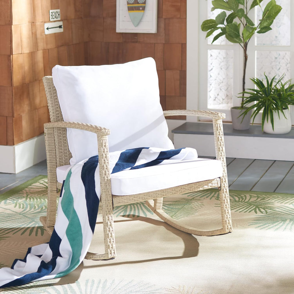 SAFAVIEH Outdoor - Daire Rocking Chair - Beige & White - Steel Frame & Faux Rattan with Cushion - Open-Frame Design - Ideal for Patio, Deck, Porch, Backyard, 14.4' Seat Height (PAT7721B)