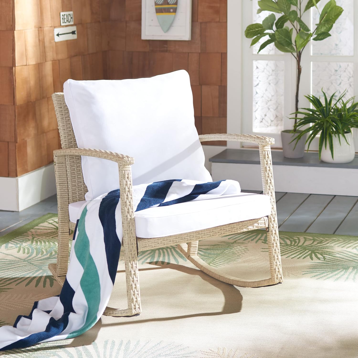 SAFAVIEH Outdoor - Daire Rocking Chair - Beige & White - Steel Frame & Faux Rattan with Cushion - Open-Frame Design - Ideal for Patio, Deck, Porch, Backyard, 14.4' Seat Height (PAT7721B)