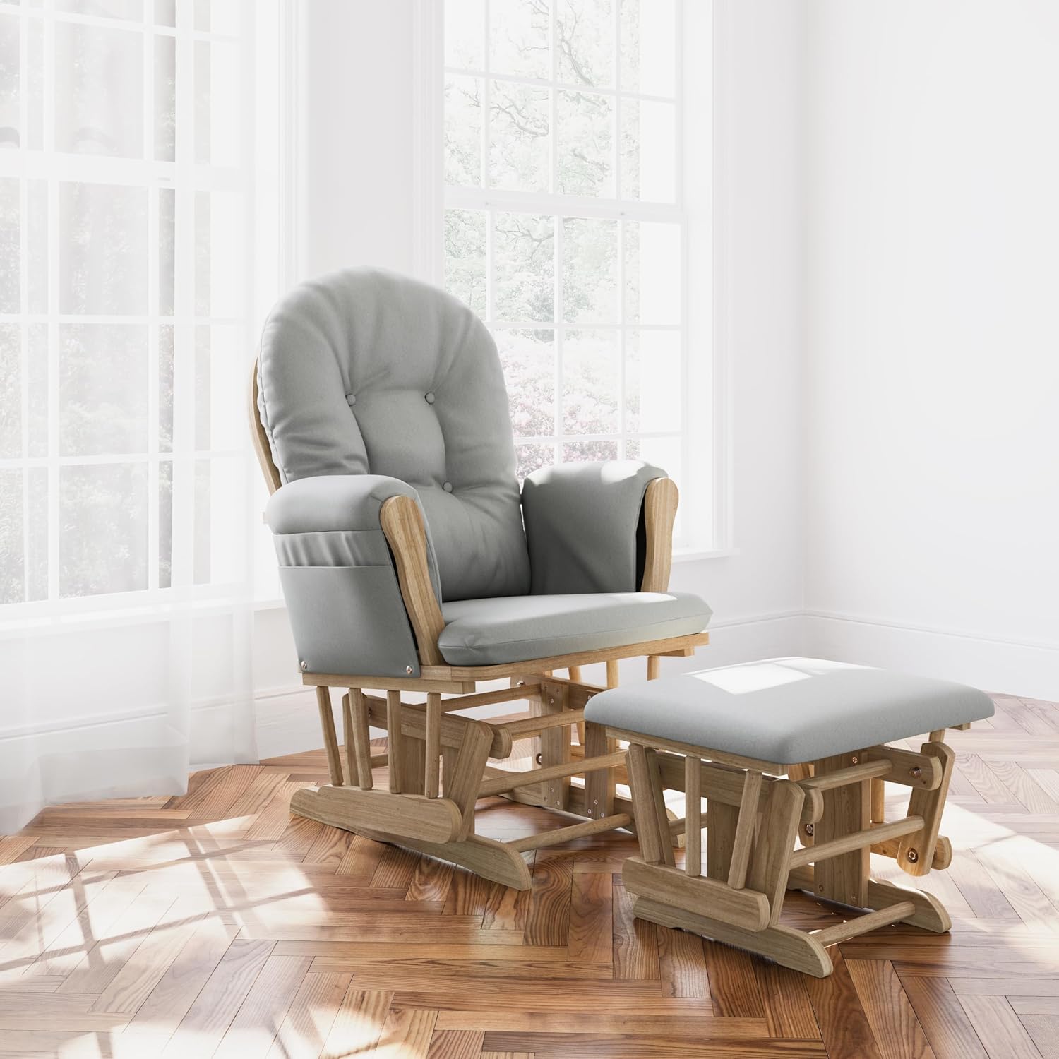 Storkcraft Premium Hoop Glider & Ottoman (Natural/Light Gray) — GREENGUARD Gold Certified Nursery Glider, Solid Wood Craftsmanship, Smooth-Gliding Nursery Chair and Ottoman, Award-Winning