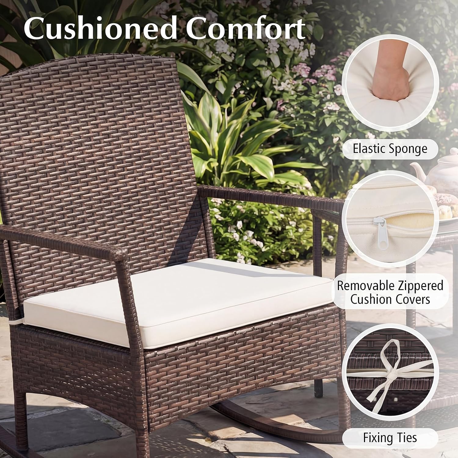 Tangkula 3 Pieces Rocking Wicker Bistro Set, Outdoor Front Porch Rocker Chairs Conversation Set with 2-Tier Tempered Glass Coffee Table and Thick Cushions for Garden, Balcony, Poolside (Off White)