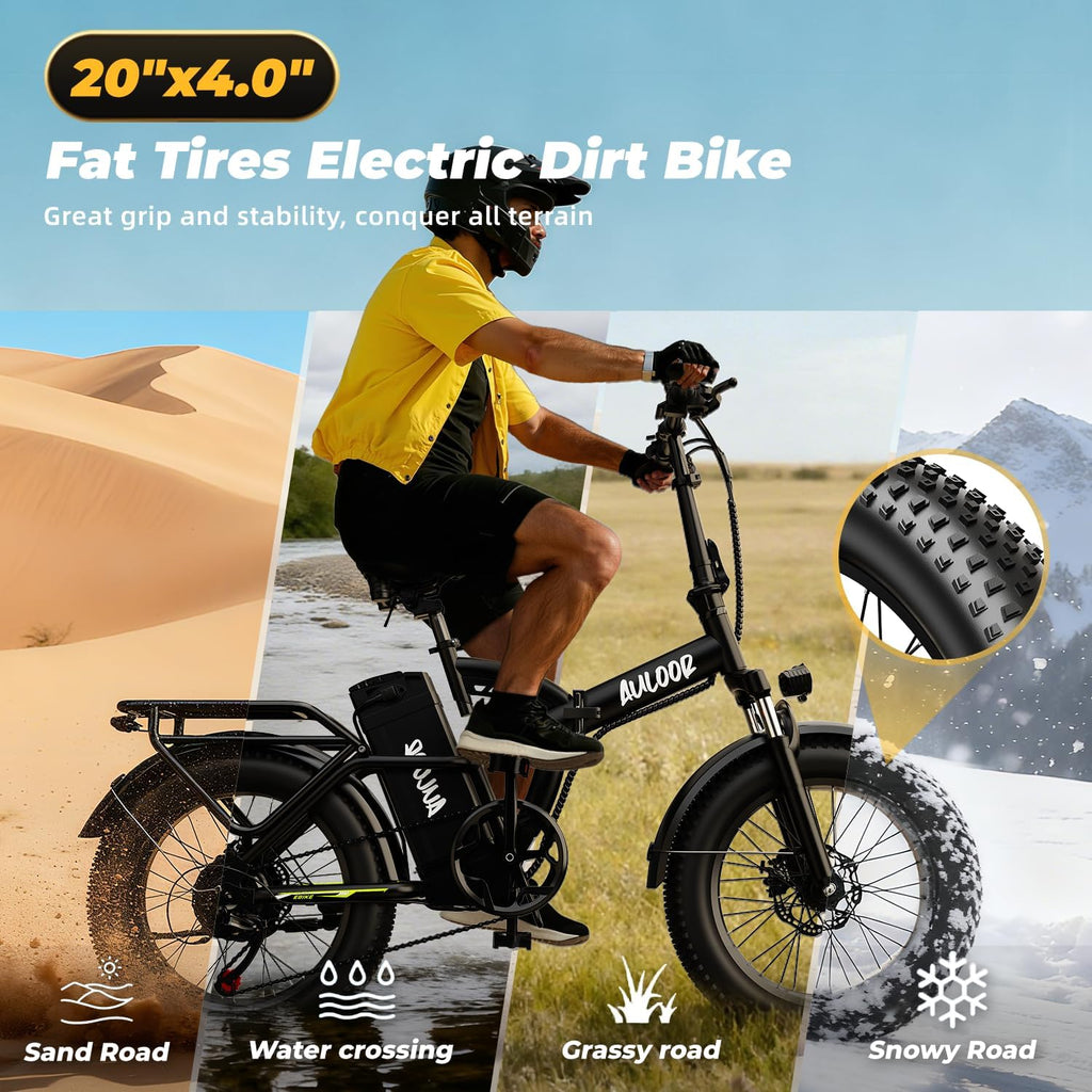 Foldable Electric Bike for Adults, 48V 20Ah Removable Lithium Battery up to 80Miles, 20' Fat Tire 1000W Peak Motor Dirt Ebike Adult Electric Bicycle for Commute Beach Mountain E Bike