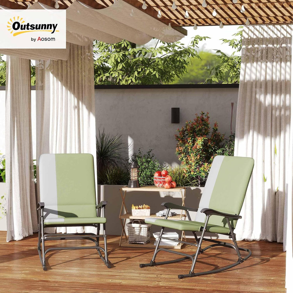 Outsunny Folding Outdoor Rocking Chairs Set of 2, Oversized Outdoor Rocking Camping Chair with 400 lbs. Capacity, Wide Seat, Padded High Back for Patio, Porch, Garden, Dark Green