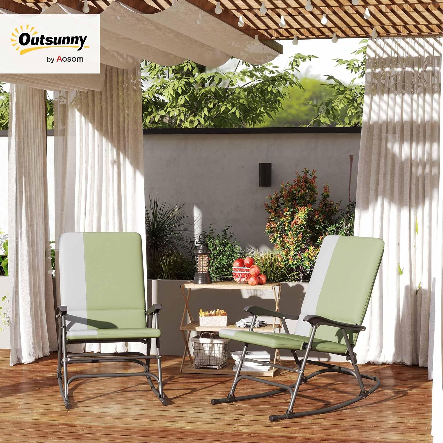 Outsunny Folding Outdoor Rocking Chairs Set of 2, Oversized Outdoor Rocking Camping Chair with 400 lbs. Capacity, Wide Seat, Padded High Back for Patio, Porch, Garden, Dark Green