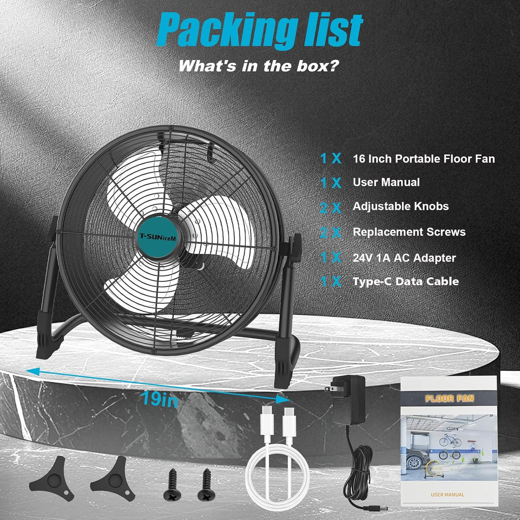 16' Battery Operated Floor Fan Compatible with Makita 18V Battery, Portable Fan with AC Adapter and USB Output, Metal Industrial High Velocity, Stepless Speed Cordless Fan for Jobsite Garage Camping