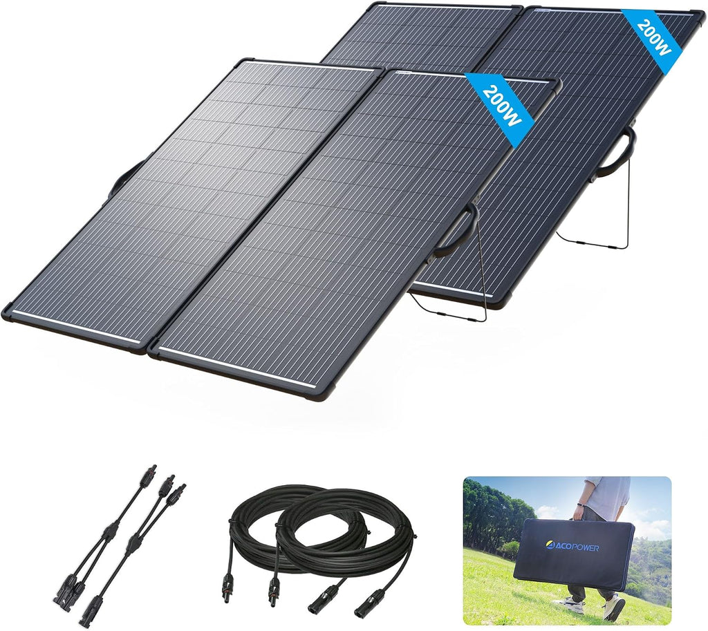 ACOPOWER 400W Mono Portable Foldable Solar Panel - 2pcs 200W, 25% Efficiency, Black, Professional Portable Style - Ideal for RV, Camping, Off Grid