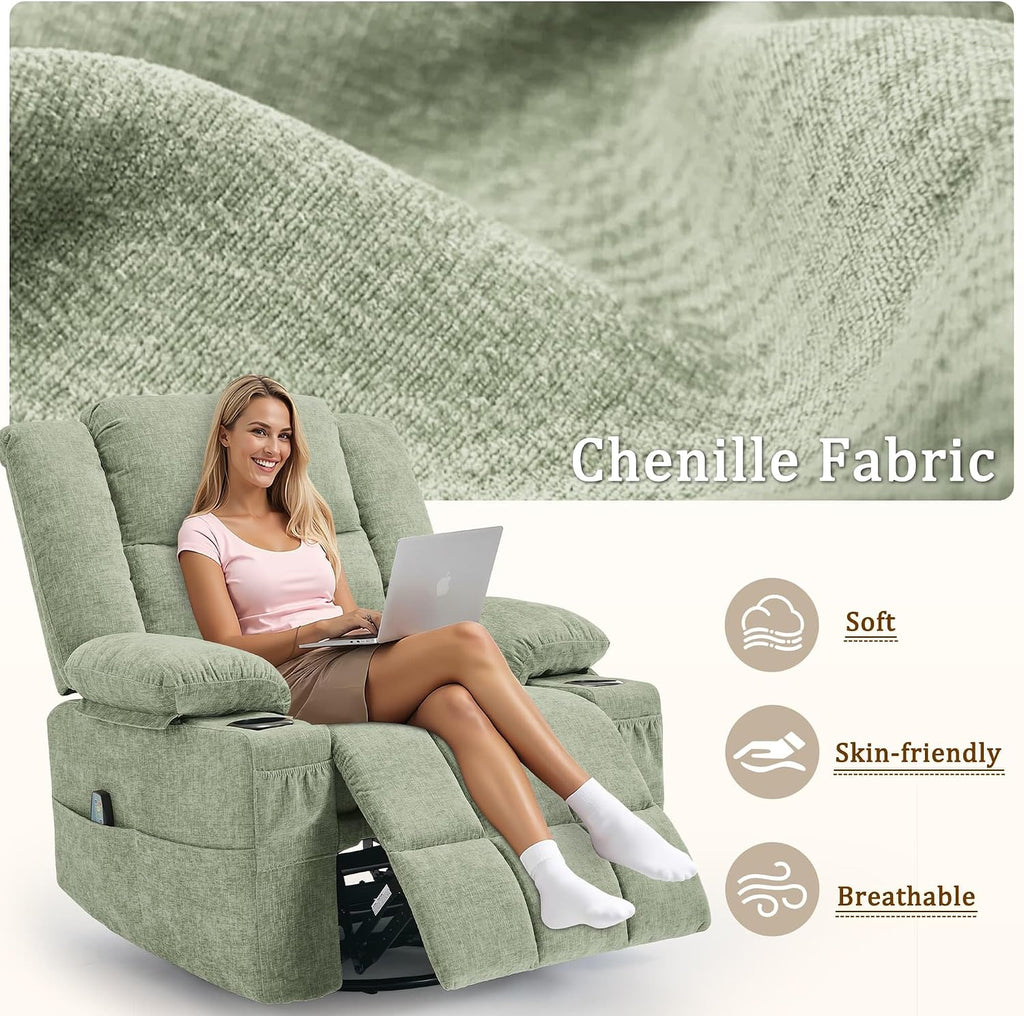 Korser Adult 360° Rotating Recliner with Massage and Heating Functions, Cup Holder and Manual Tilt Mechanism, Suitable for Living Room and Bedroom (Fabric, Turquoise)