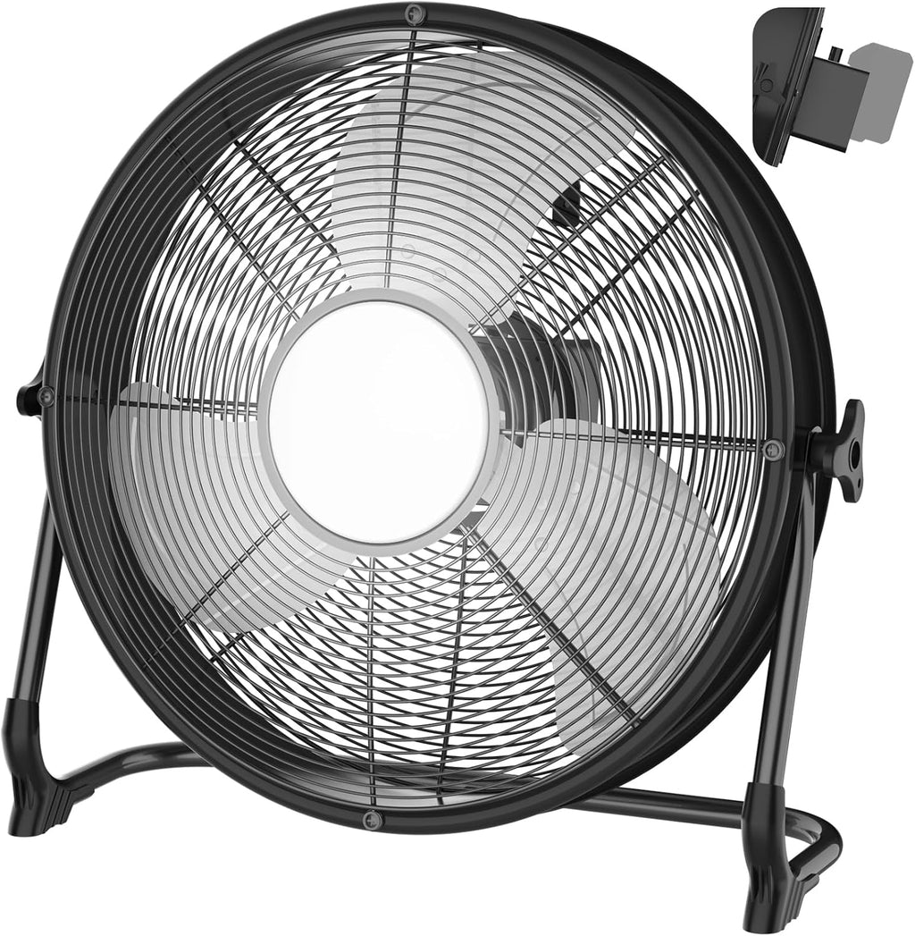 16' Battery Operated Floor Fan with Light Compatible with Milwaukee M18 18V Battery, Portable Fan with AC Adapter and USB Output, Metal High Velocity, Stepless Speed Cordless Fan for Jobsite Camping