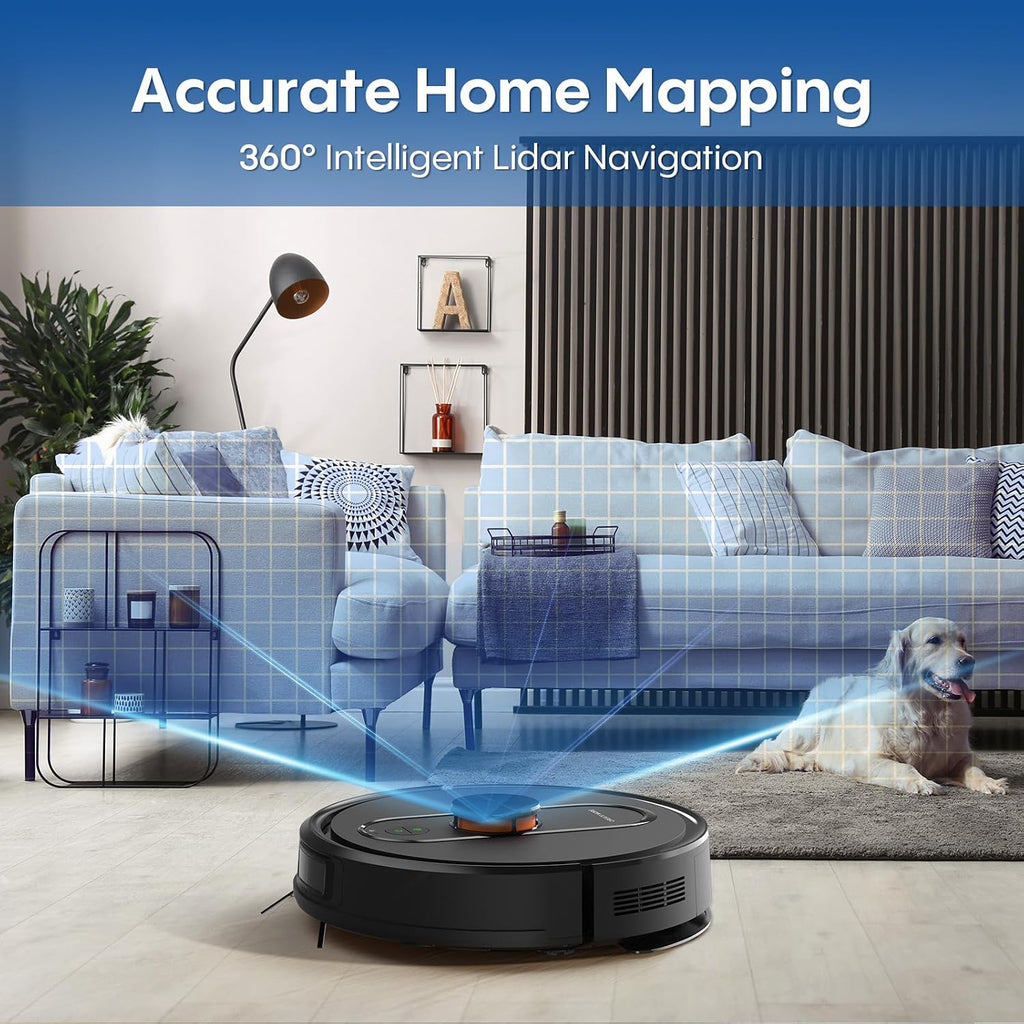 Robot Vacuum and Mop with LiDAR Navigation, 5000Pa Robotic Vacuums with Mapping, No-Go Zones, Self-Recharging, Wi-Fi/App/Alexa Control, Ideal for Pet, Hard Floors, Carpet