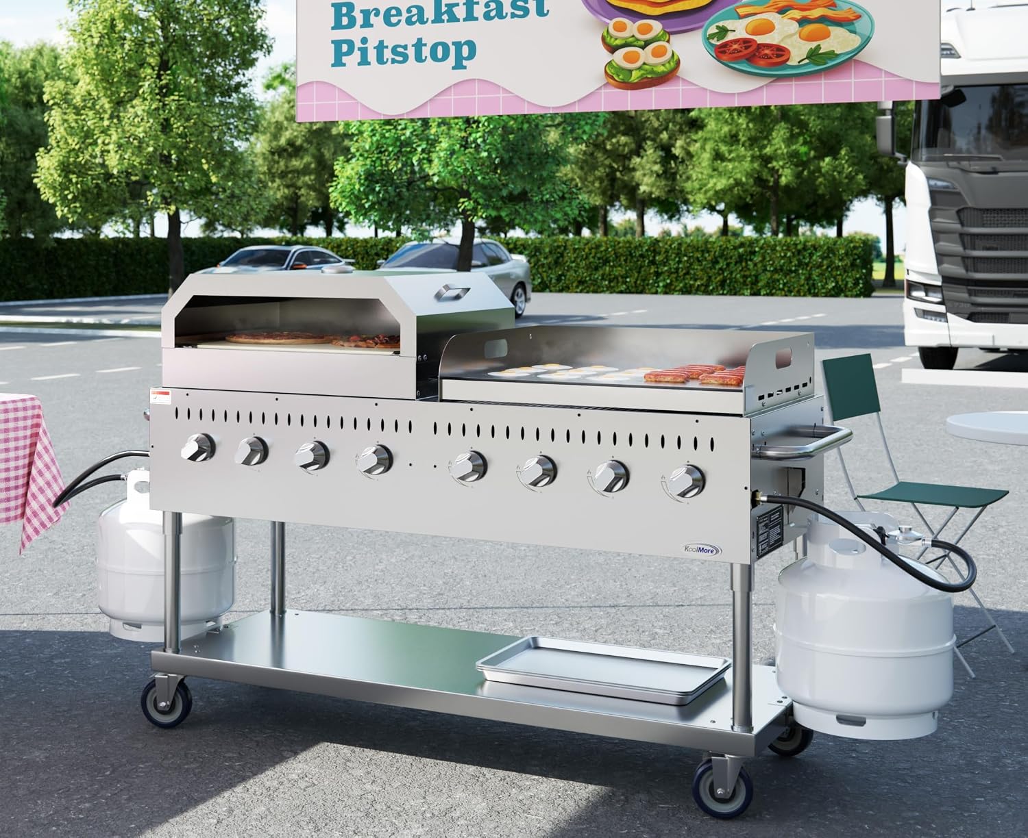 KoolMore 60 in. 8-Burner Commercial Outdoor Propane Gas BBQ Grill with 30 in. Griddle and 30 in. Pizza Oven in Stainless-Steel, ETL Listed (CGKIT6-G30P30)