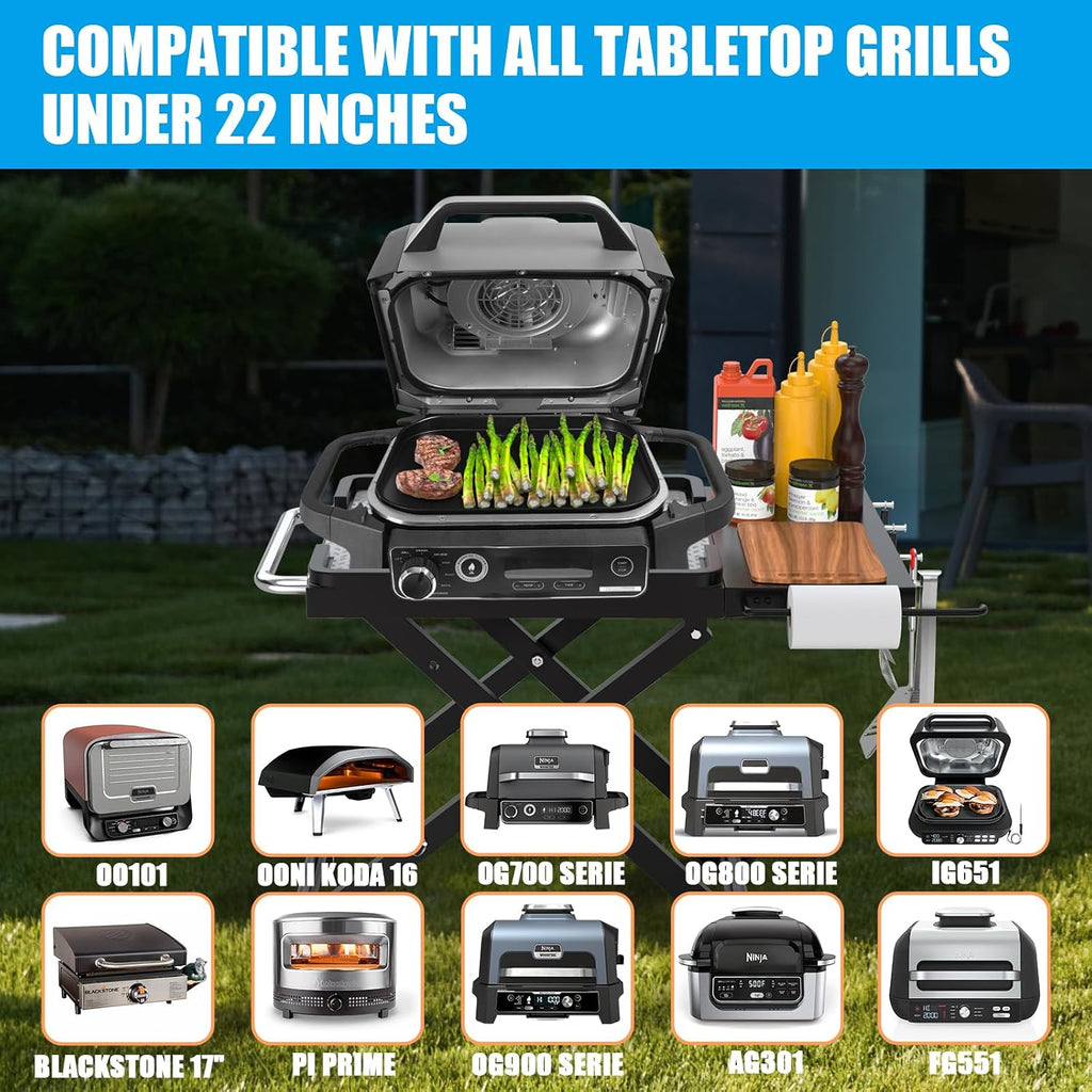 Collapsible Grill Stand for Ninja Woodfire OG701 OG800 OG900 Series & OO101 Pizza Oven Grill,Outdoor Table Cart with Side Shelf for Ninja XSKSTAND XSKUNSTAND Woodfire OG 700 Series,Foldable
