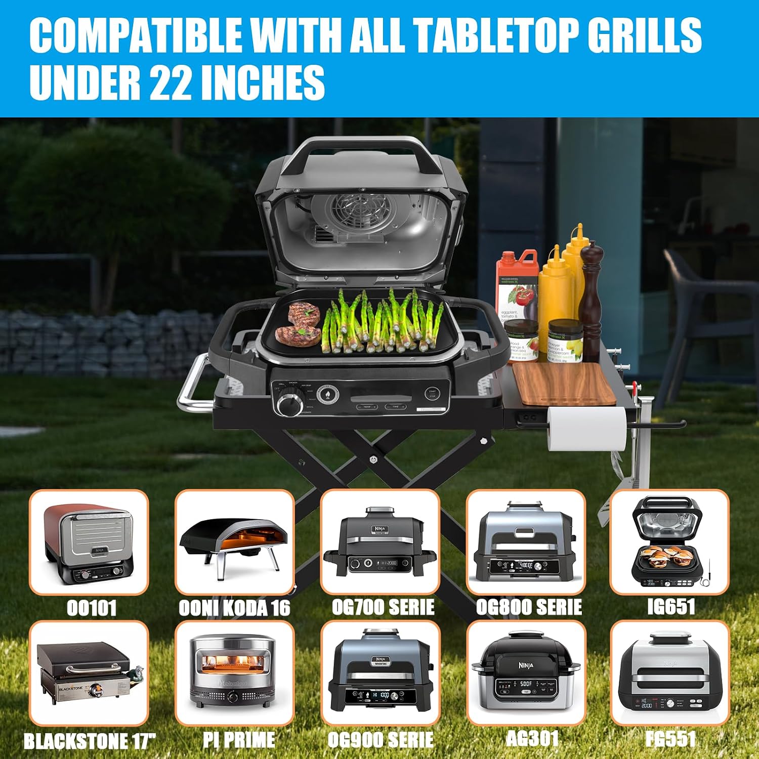 Collapsible Grill Stand for Ninja Woodfire OG701 OG800 OG900 Series & OO101 Pizza Oven Grill,Outdoor Table Cart with Side Shelf for Ninja XSKSTAND XSKUNSTAND Woodfire OG 700 Series,Foldable
