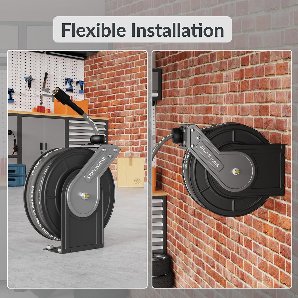 Giraffe Tools Pressure Washer Hose Reel with 60ft Replaceable Hose, Power Washer Retractable Hose Reel, Heavy Duty, Wall/Floor Mounted, 4000 PSI