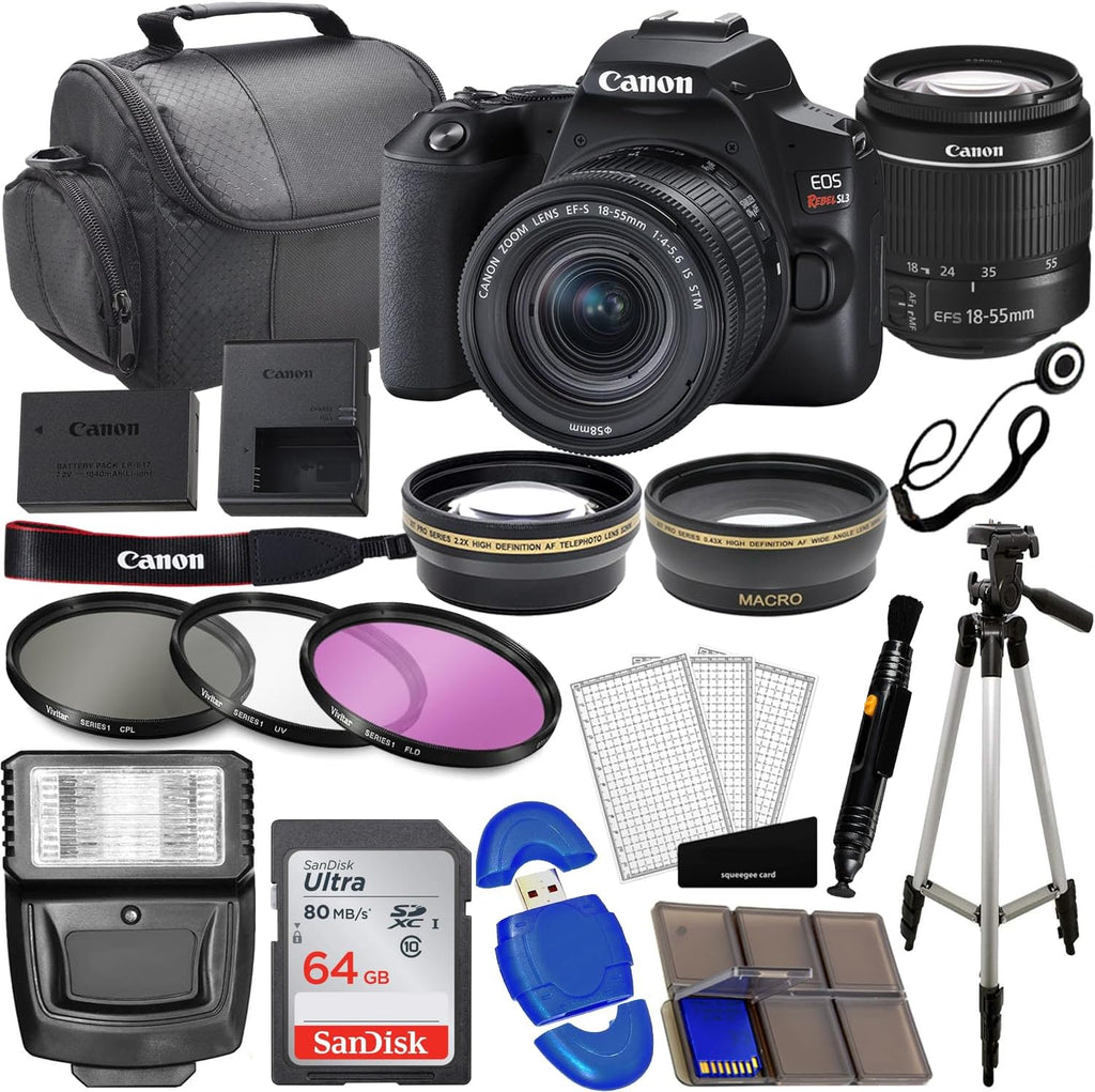 Canon EOS Rebel SL3 DSLR Camera with EF-S 18-55mm Lens Bundle: 3 Lens Kit, 64GB Memory, Wide Angle, Telephoto, Carrying Case, Flash + Pro Kit (Renewed)