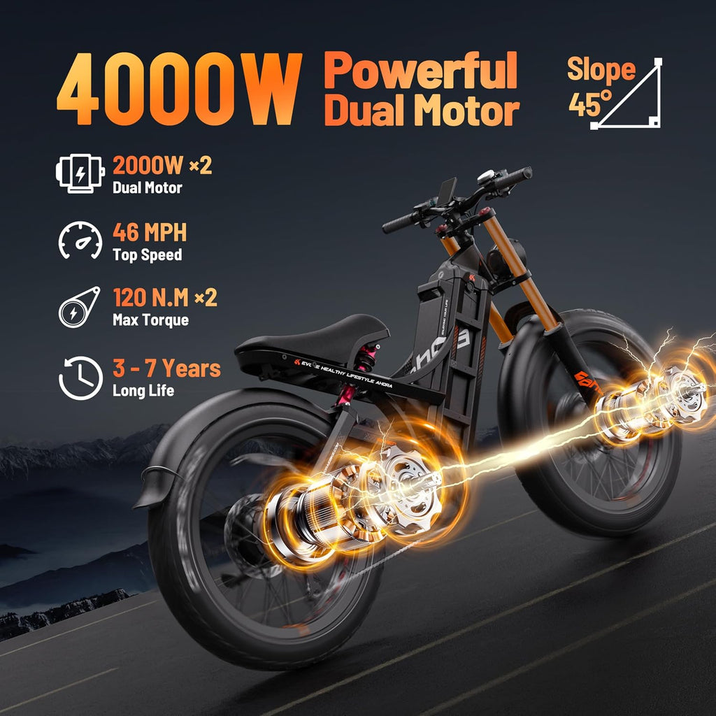 eAhora Romeo Pro 3 Electric Bike - [2026 Latest] 50MPH 5600W Dual Motor 60V 80AH 250Miles Long Range Ebike for Adults, 26' * 4.0 Fat Tire Fast Electric Mountain Bike Full Suspension Off-Road E-Bike