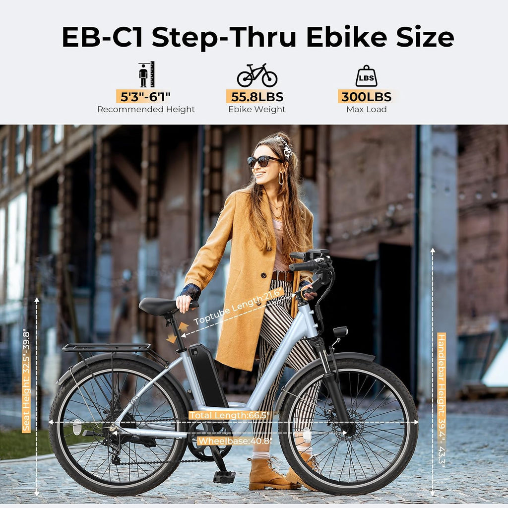Electric Bike for Adults, Peak 1000W Ebike, 50Miles 20MPH UL 2849 Certified Commuter Bike, 26'' City Cruiser Bicycle with 48V Removable Battery, Rear Rack, Adjustable Stem, 7 Speed
