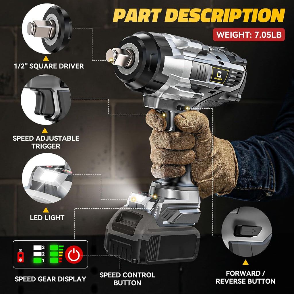 Cerycose Cordless Impact Wrench 1/2 inch Compatible with DeWalt 20V Battery: 1700FT-LBS High Torque Impact Wrench with 6 Sockets & Case - Brushless Electric Impact Gun LED Work Light, Bare Tool