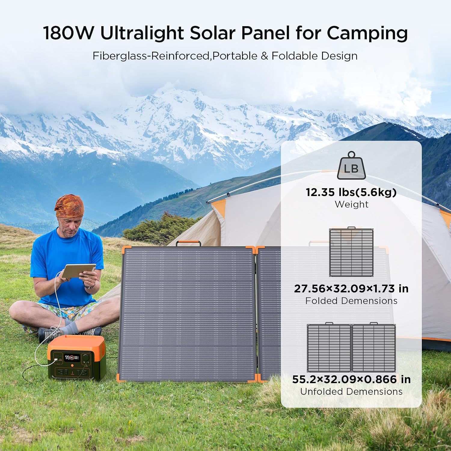 ZOUPW 180W Portable Solar Panel N-Type 16BB,25% High Efficiency Foldable Solar Charger for Jackery 1000V2/Ecoflow Delta/Bluetti/Anker Solix,12.3 LBS IP68 Waterproof for RV Camping Off-Grid