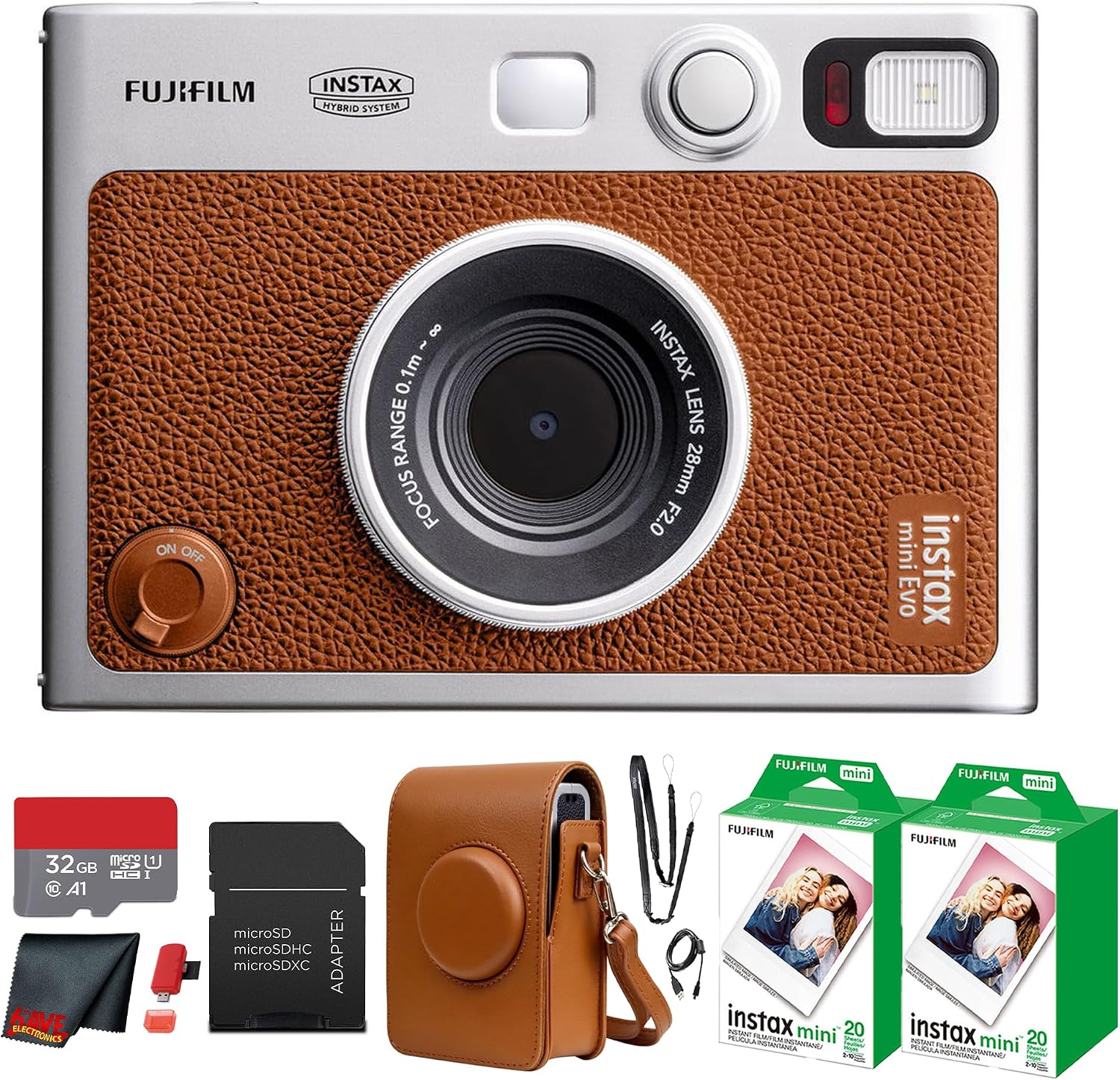 Fujifilm Instax Mini EVO Hybrid Instant Camera (Brown) Bundle with Instax-Mini Twin Pack Instant-Film 40 Sheets + 32GB Memory Card + Vintage Brown Mini-Evo Camera Case + Cleaning Cloth