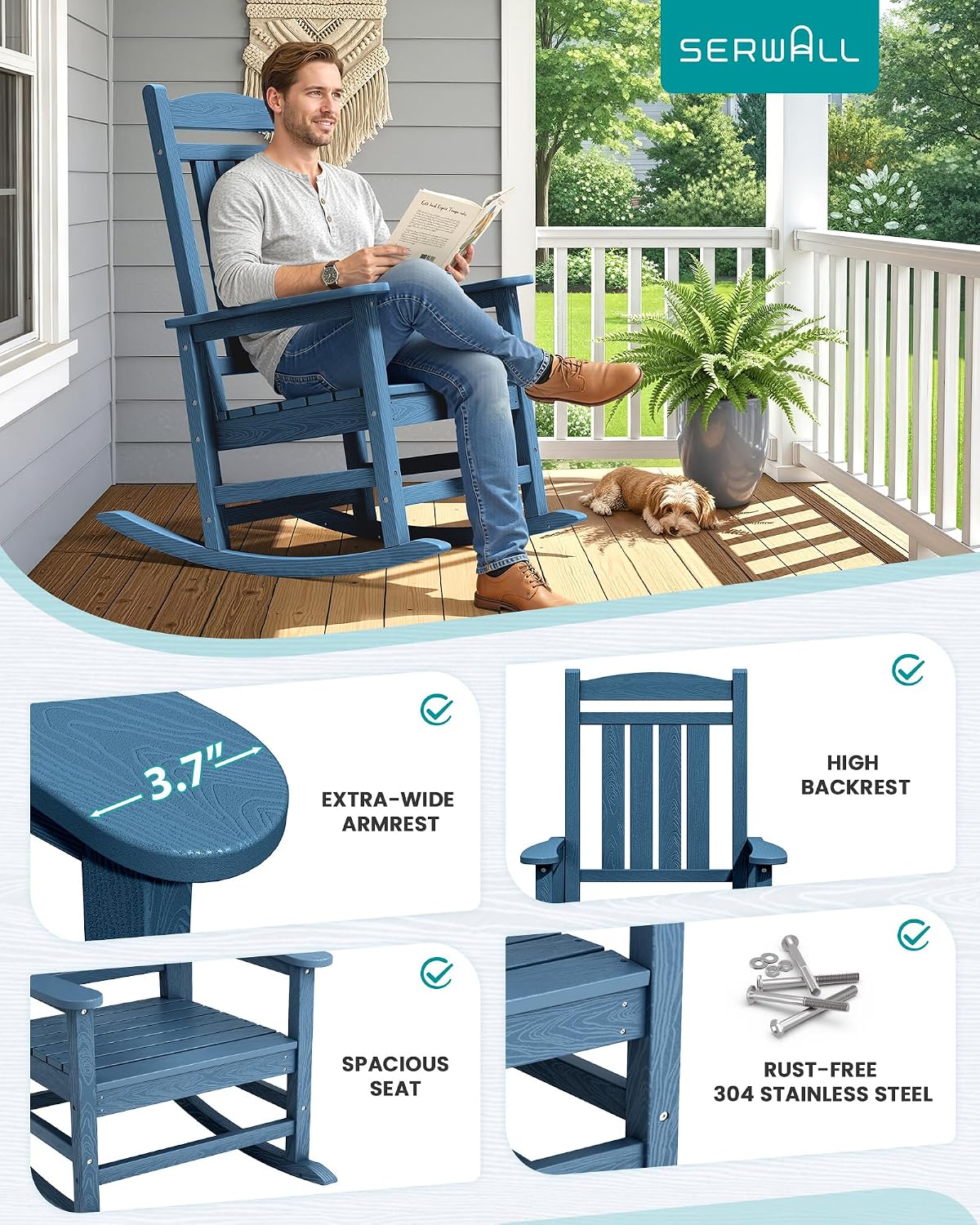 SERWALL Oversized Rocking Chairs Set of 2, HDPE Outdoor Rocking Chair, All-Weather Porch Rockers for Patio, Blue