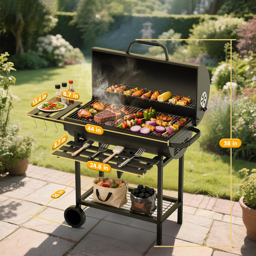 29' Barrel Charcoal Grill, Spacious Smoker Barrel Barbecue Grill with Side Front Table, Outdoor Barbecue Grills for Backyard, Camping, and Picnics, Black