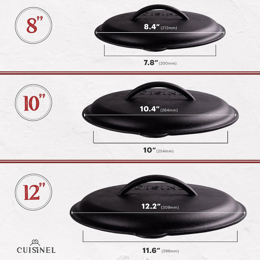 Cuisinel Cast Iron Skillets Set with Lids - 8'+10'+12'-inch Pre-Seasoned Covered Frying Pan Set + Silicone Handle and Lid Holders + Scraper/Cleaner - Indoor/Outdoor, Oven, Stovetop, Fire Safe Cookware