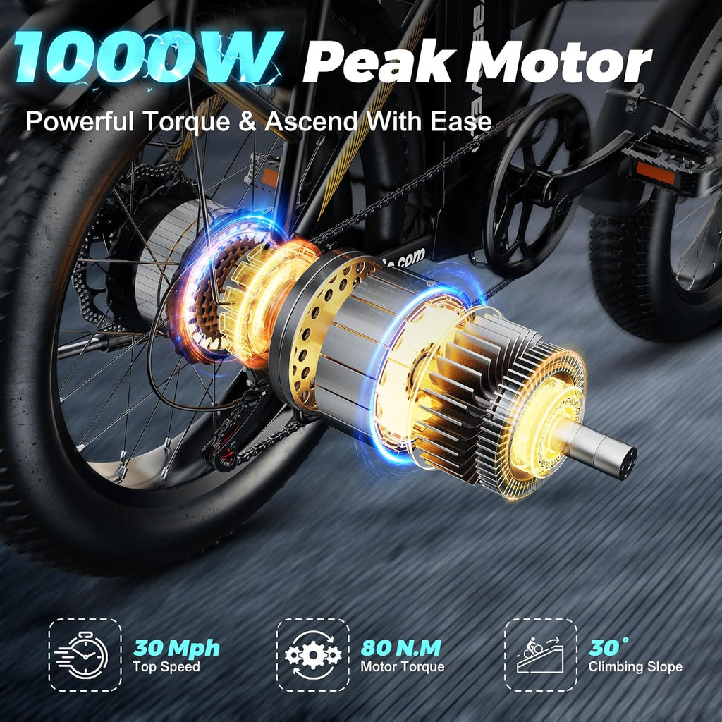YorkE 1000W Folding Electric Bike, 48V 20AH Large Removable Battery E Bike, 30+MPH, 80 Miles Max Range, 20' Fat Tire Electric Bike for Adults, Adult Electric Bicycles for Commute, 7-Speed