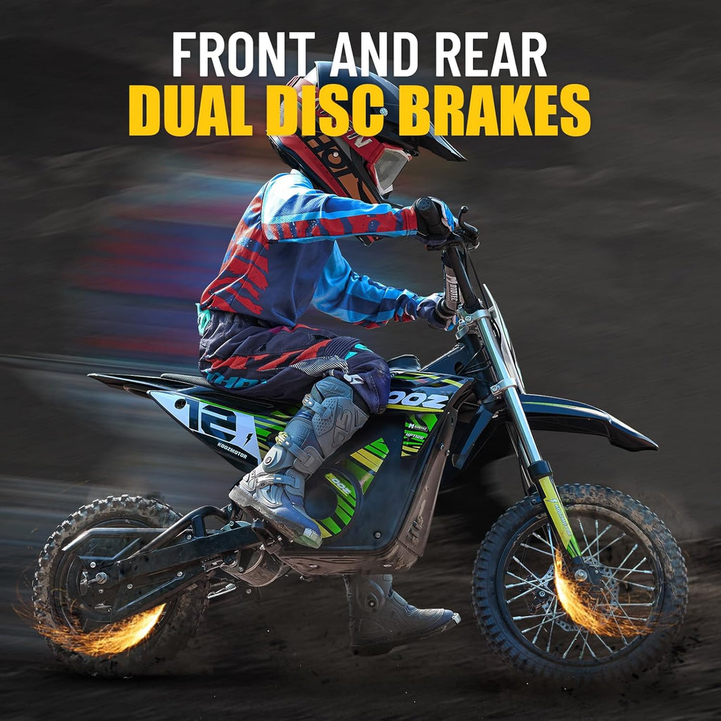 KOOZ HP112E 36V 1000W Electric Dirt Bike for Kids, 3 Speed Modes Teen Electric Motorcycle Up to 18 MPH & 15 Miles Long-Range, Dual Suspension & Disc Brake, 16' Sturdy Tire for Kids Teenagers, Green