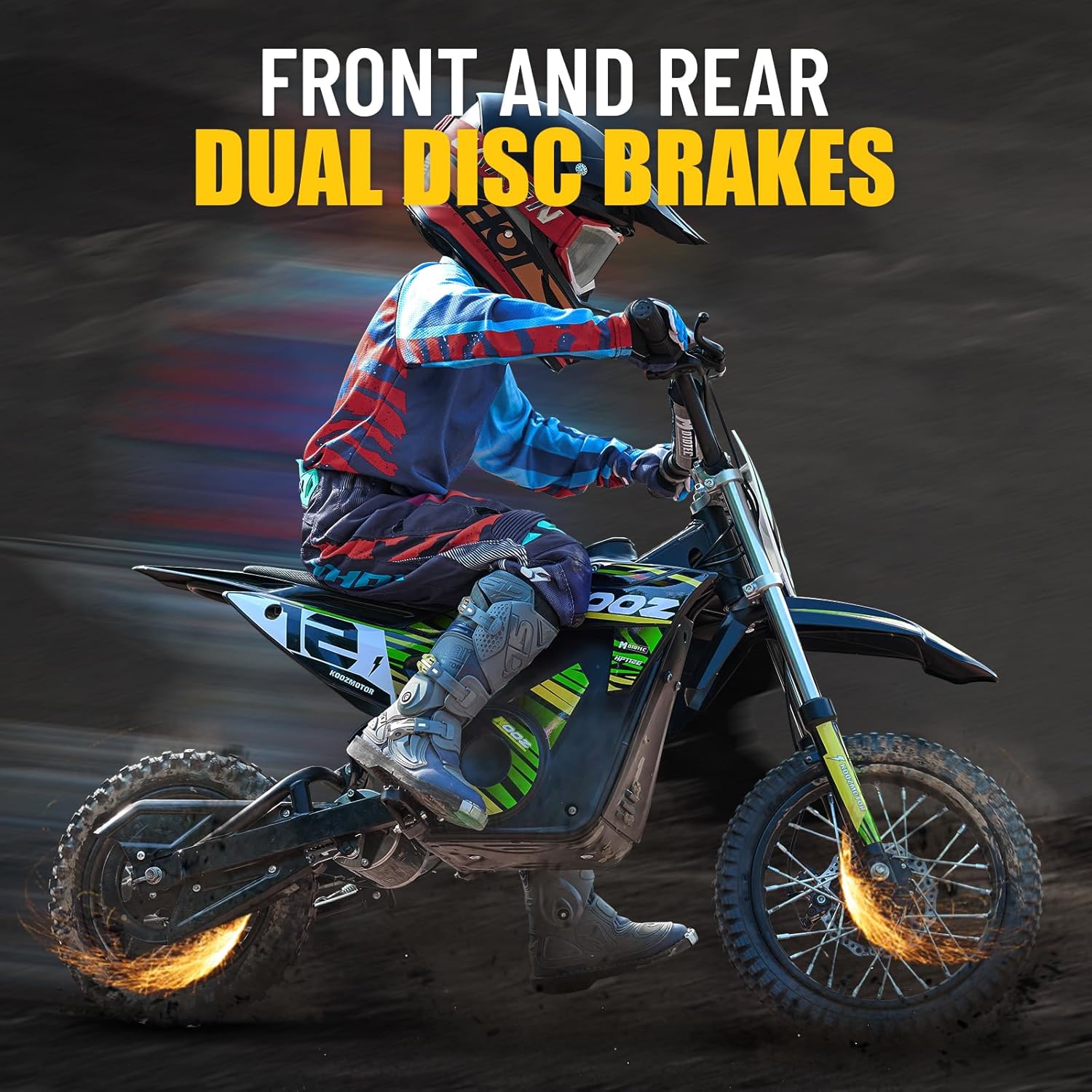 KOOZ HP112E 36V 1000W Electric Dirt Bike for Kids, 3 Speed Modes Teen Electric Motorcycle Up to 18 MPH & 15 Miles Long-Range, Dual Suspension & Disc Brake, 16' Sturdy Tire for Kids Teenagers, Green