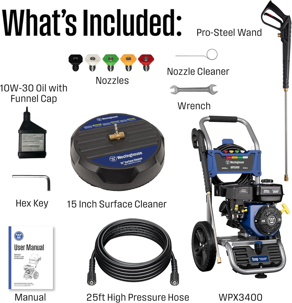 Westinghouse WPX3400SC Gas Pressure Washer with 15-inch Surface Cleaner, 3400 PSI and 2.6 Max GPM, Onboard Soap Tank, Spray Gun and Wand, 5 Nozzle Set, for Cars/Fences/Driveways/Homes/Patios/Furniture