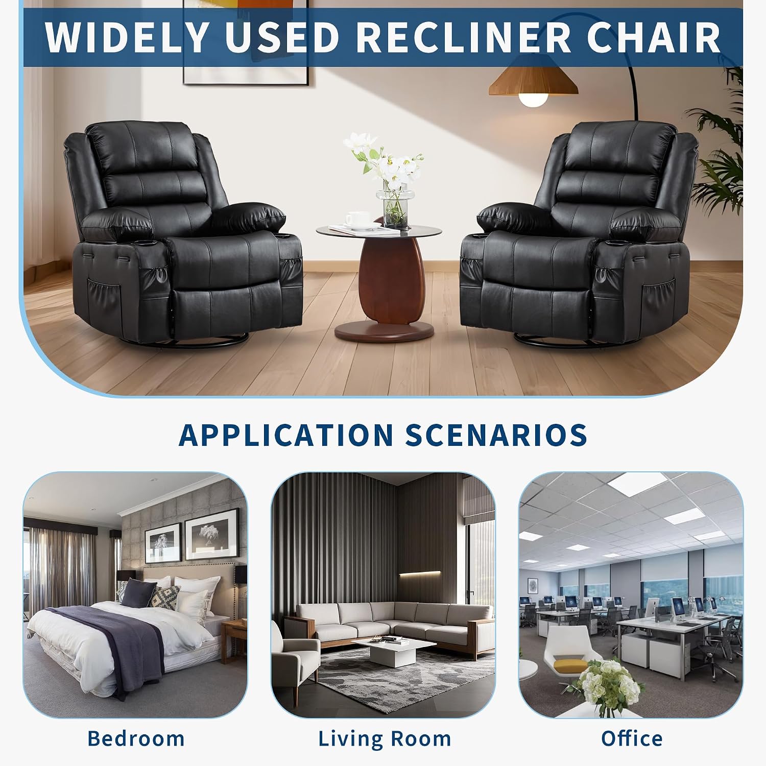 Rocking Recliner Chair for Adults Wide 360° Swivel Rocker Recliner with Cup Holder Nursery Glider with Upholstered Deep Seat PU Leather Comfy Single Sofa for Living Room Black