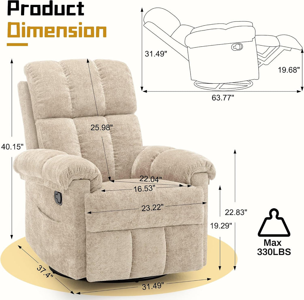 Korser Recliner Chair, Small Rocker Recliner Chair for Adults, Swivel Recliners for Small Spaces, Manual Recliner, Upholstered Nursery Rocking Chair for Living Room, Chenille, Khaki