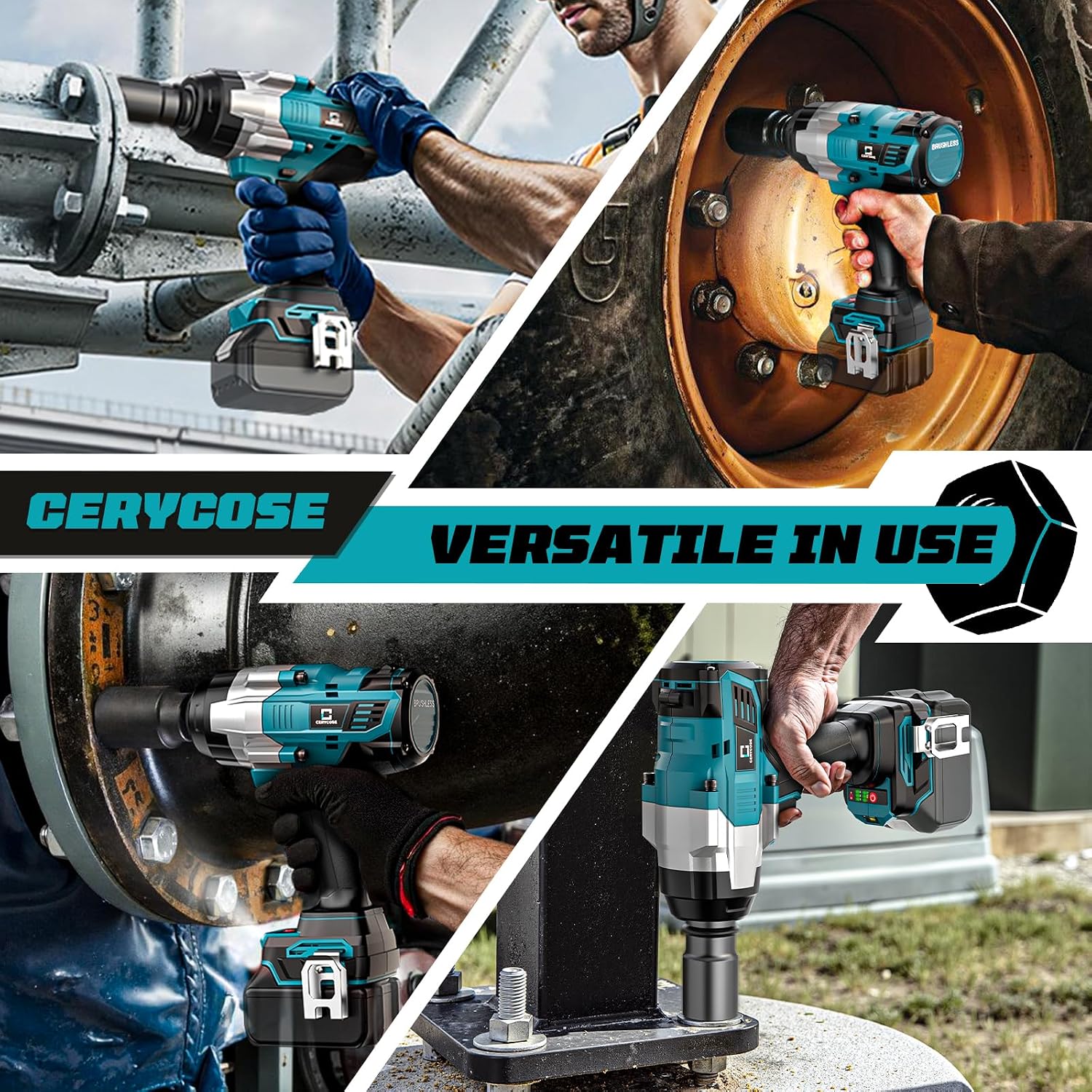 Cordless Impact Wrench 3/4 inch Compatible with Makita 18V Battery, Cerycose1850ft-lbs (2500N.m) Brushless Electric Impact Gun, High Torque Impact Driver, for Heavy-Duty Automotive & Industrial Tasks