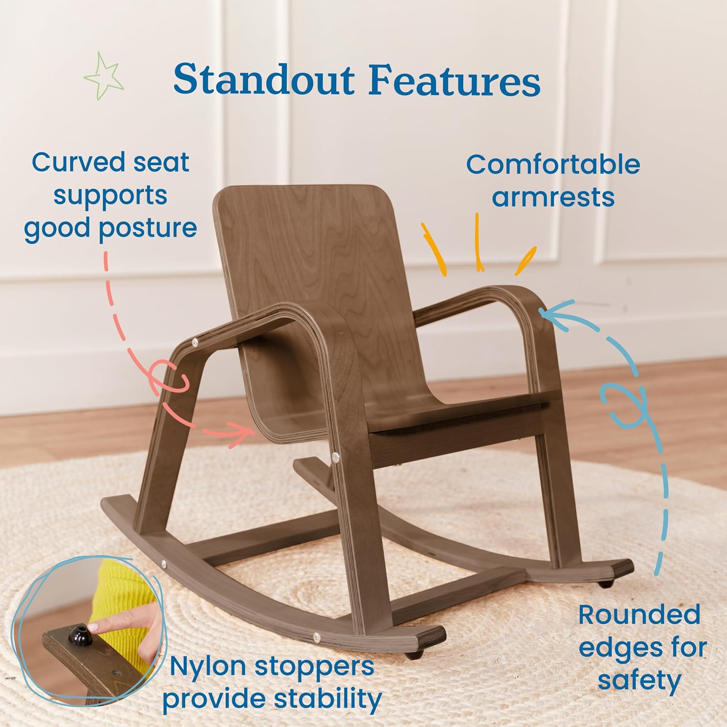 ECR4Kids Bentwood Reading Rocking Chair with Armrests, Montessori Furniture, Grey Wash