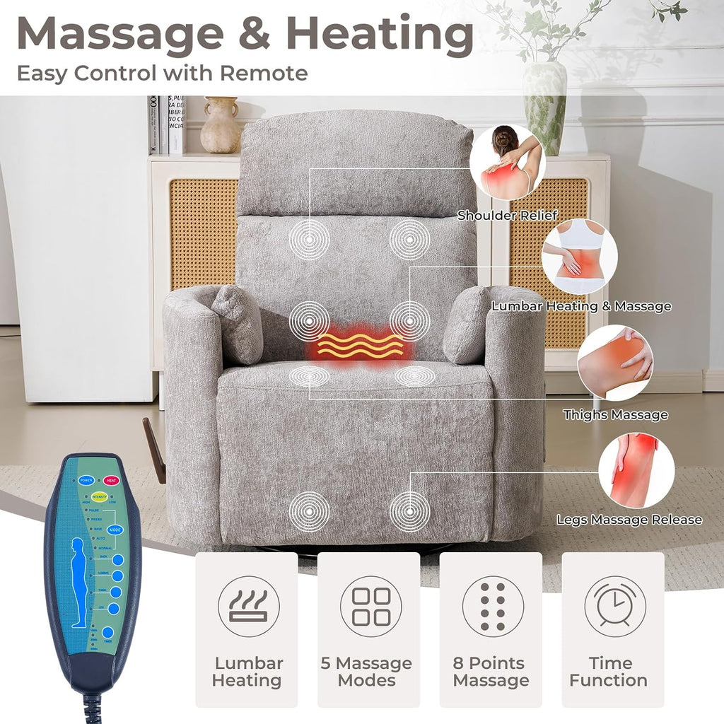 Oversized Swivel Rocker Recliner Chair with Massage and Heat, Manual Swivel Glider Rocker Recliner with 2 Bolster Pillows, Rocking Nursery Chair with Storage Ottoman , Adjustable Headrest, Light Grey