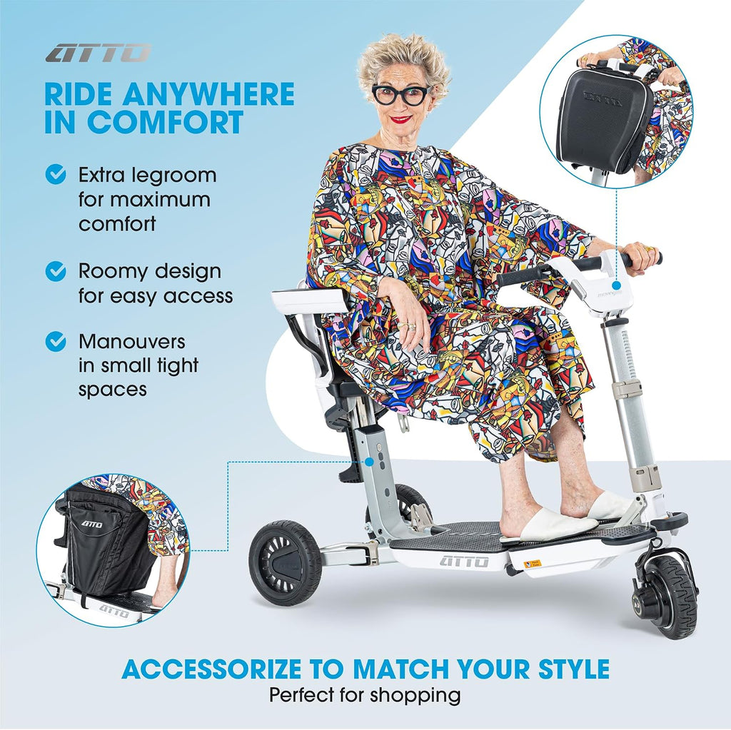 ATTO Folding Travel Powered Mobility Scooter by MovingLife, with Arm Rests, Full-Size Portable Electric Scooter, Lightweight Lithium Battery, Airline Approved (with Arm Rests)